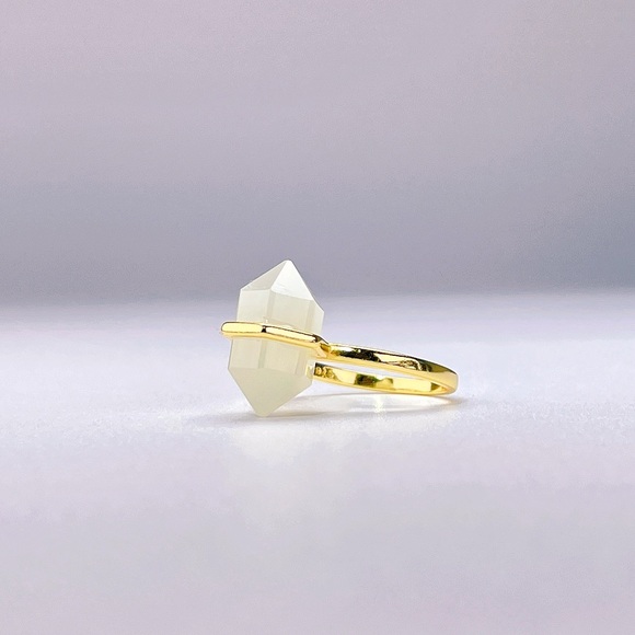 Jewelry - Gold Plated Milky Quartz Obelisk Wand Double Point Ring S925 Sterling Silver